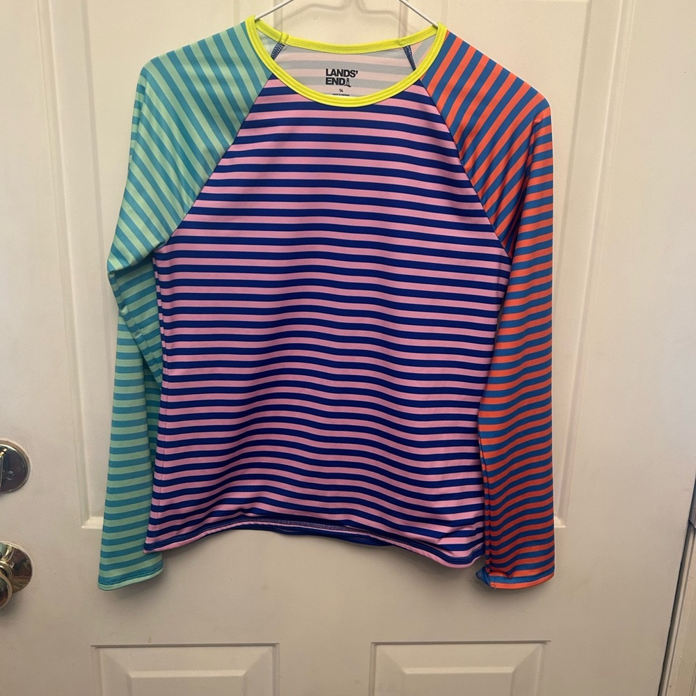 Lands End multi color striped board shirt Long sleeves Size 14. Excellent shape.